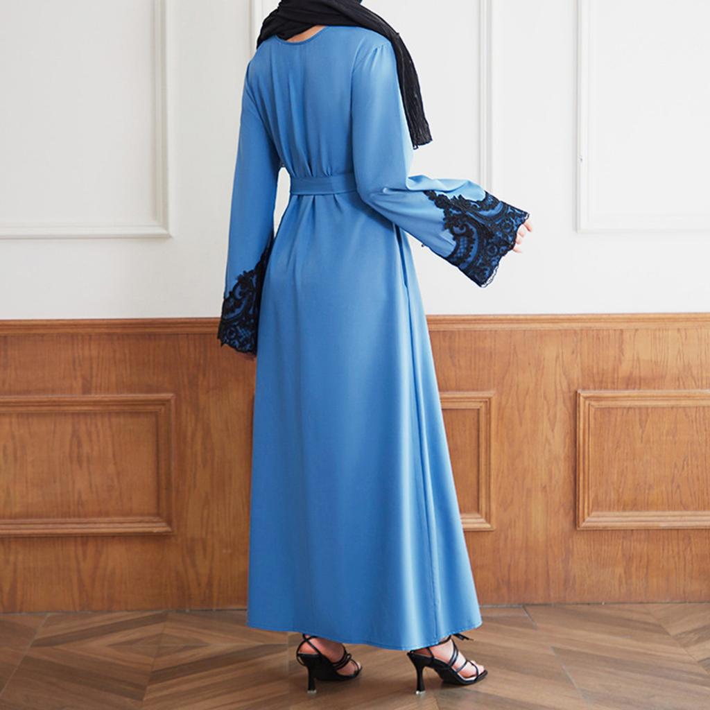 Muslimische Damenkleider mit bestickten Pailletten und Manschetten, lässig, langärmelig, mit Quaste und Bindegürtel in der Taille