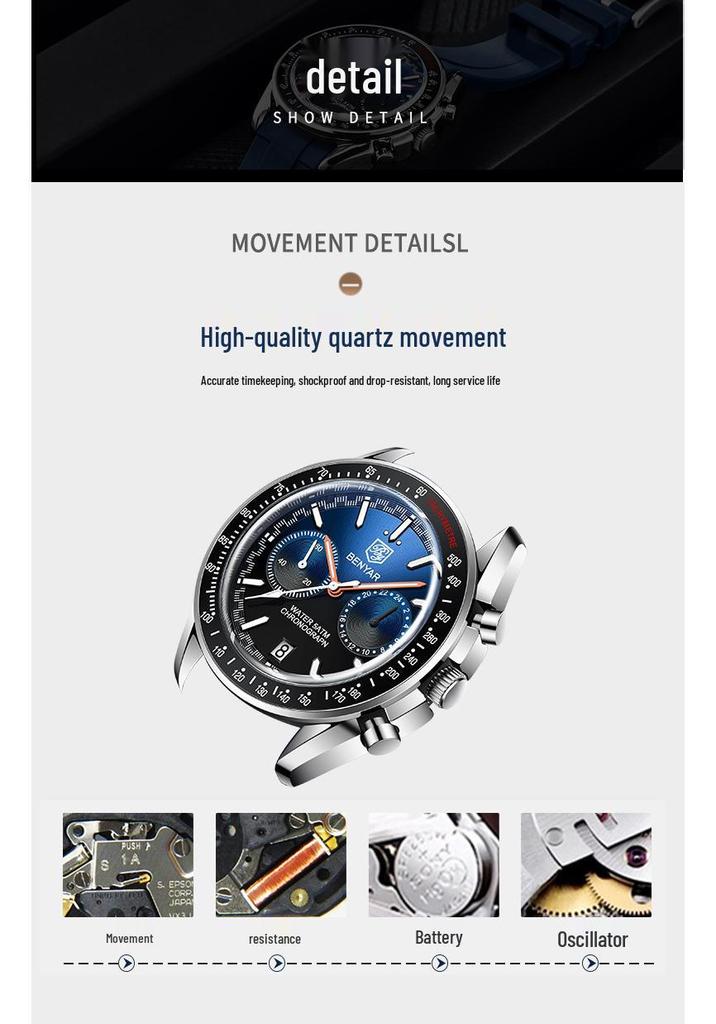 Benyar BY-5194 Men's Multifunctional Chronograph Waterproof Luminous Quartz Watch