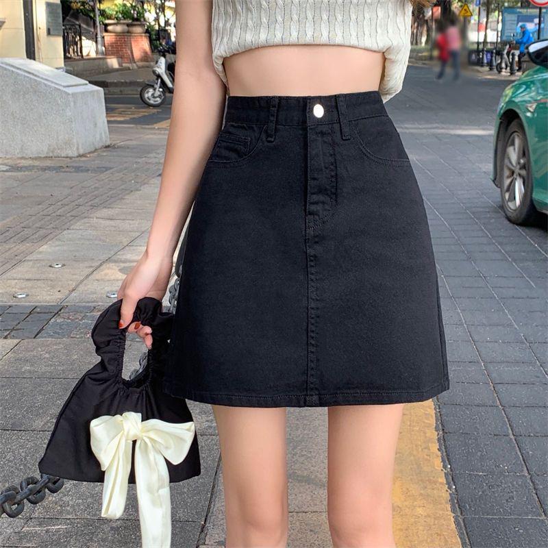 Korean Retro High-Waist Dark Blue Denim A-Line Skirt