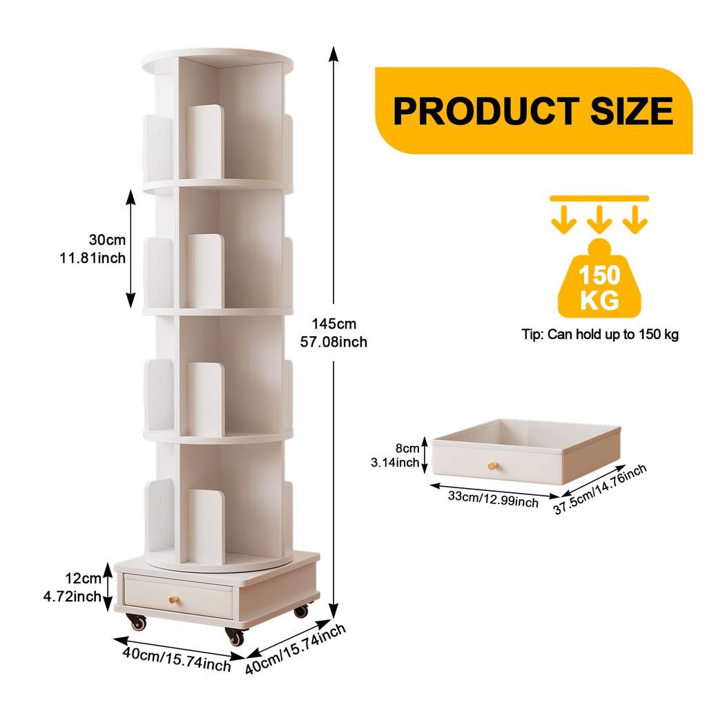 Drehbarer beweglicher Bücherregal Holz 4-stöckiges Eck-Bücherregal mit einzelner Schublade/Rädern/Ablage für Arbeitszimmer/Schlafzimmer/Zuhause