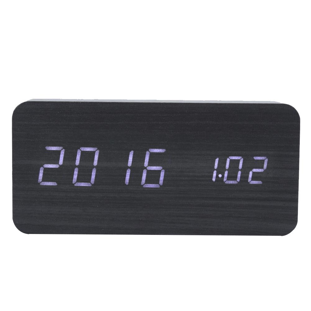 

LED Wooden Alarm Clock Electronic Voice Control Temperature Date Table Digital Clocks Rectangular Black Wood White Lamp