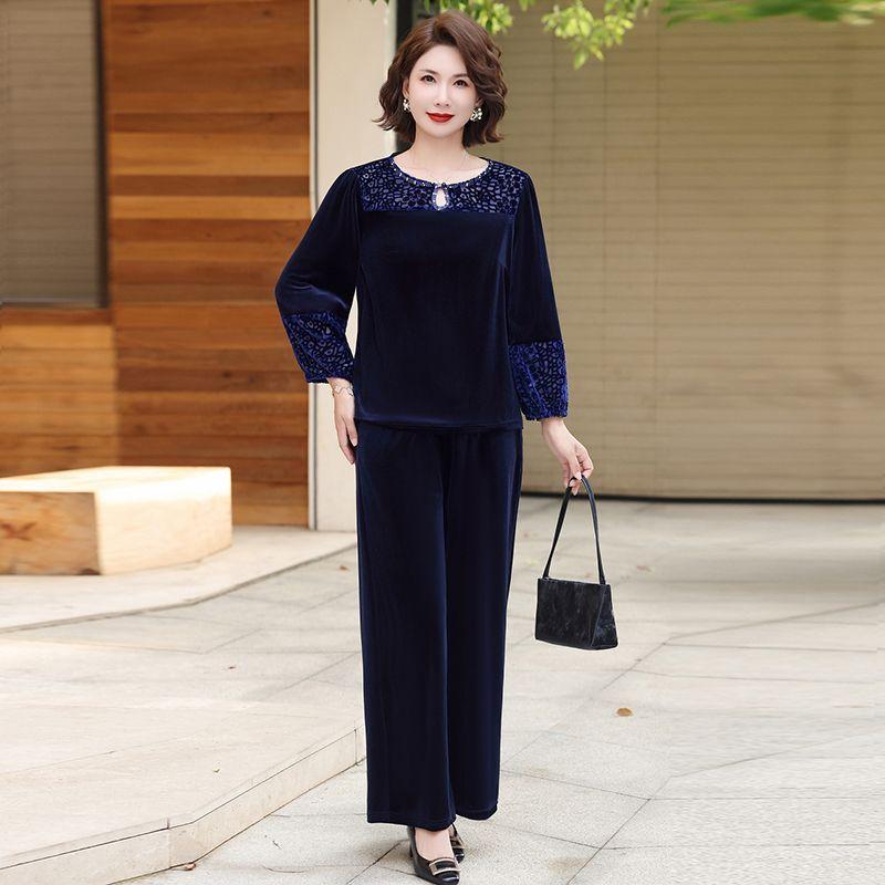 2pcs Pants Suit Autumn Women's Loose Plus-size Velvet Blouse High-waist Velvet Pants Two-piece Set