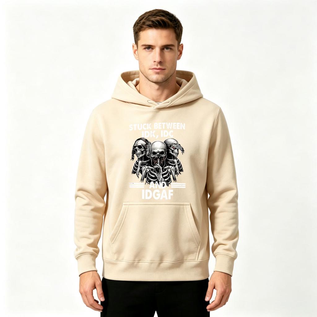 Men's Stuck Between IDK IDC And IDGAF Three Skeletons Print Casual Pullover Hoodie Sweatshirt