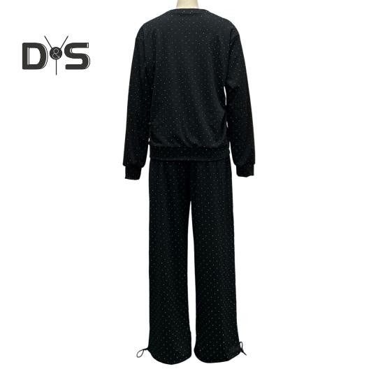 2 Pcs/Set Women Top Pants Suit Round Neck Long Sleeves Rhinestone Decor Sweatshirt Elastic Waist Wide Leg Trousers Daily Wear Sport Outfit Fall