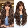 European and American Fashionable Women's Long Curly Hair Wig, Brown Water Ripple Fringe Bangs High Temperature Silk Synthetic Wig Headband