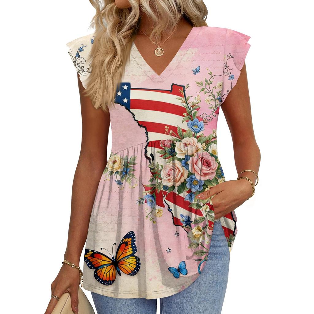Hauts pour femmes T-shirt à manches courtes tendance col en V manches à volants Blouses professionnelles