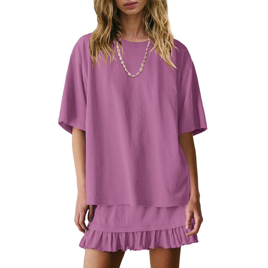 Women's Fashion Solid Color Round Neck Short Sleeved Top And Skirt Two-piece Casual Set