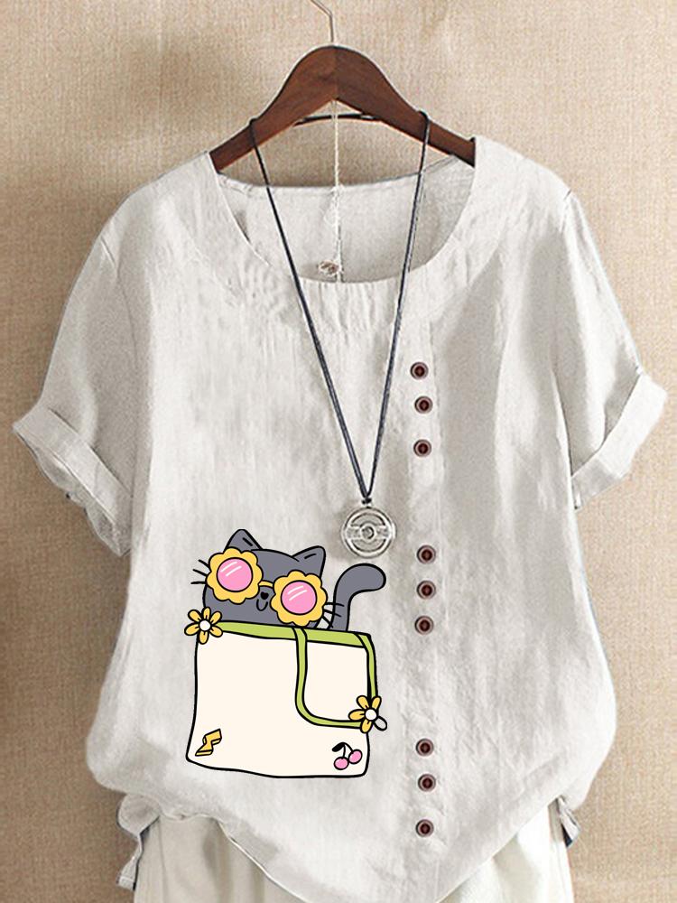 Women's Fashion Cat Print Casual Cotton Linen Short Sleeve Round Neck T-shirt Shirt Leisure Loose Summer Blouse Tops