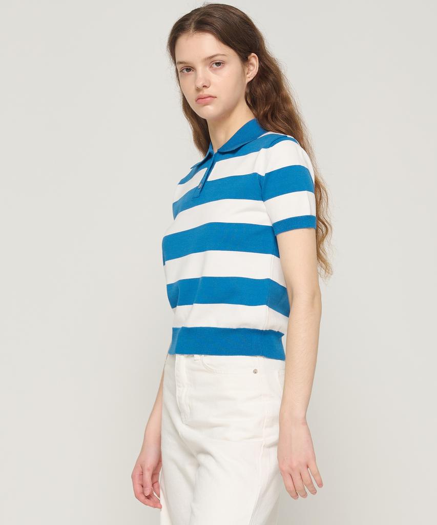 CARGOBROS FOR WOMAN Striped Collar Short Sleeve Knit (Blue)