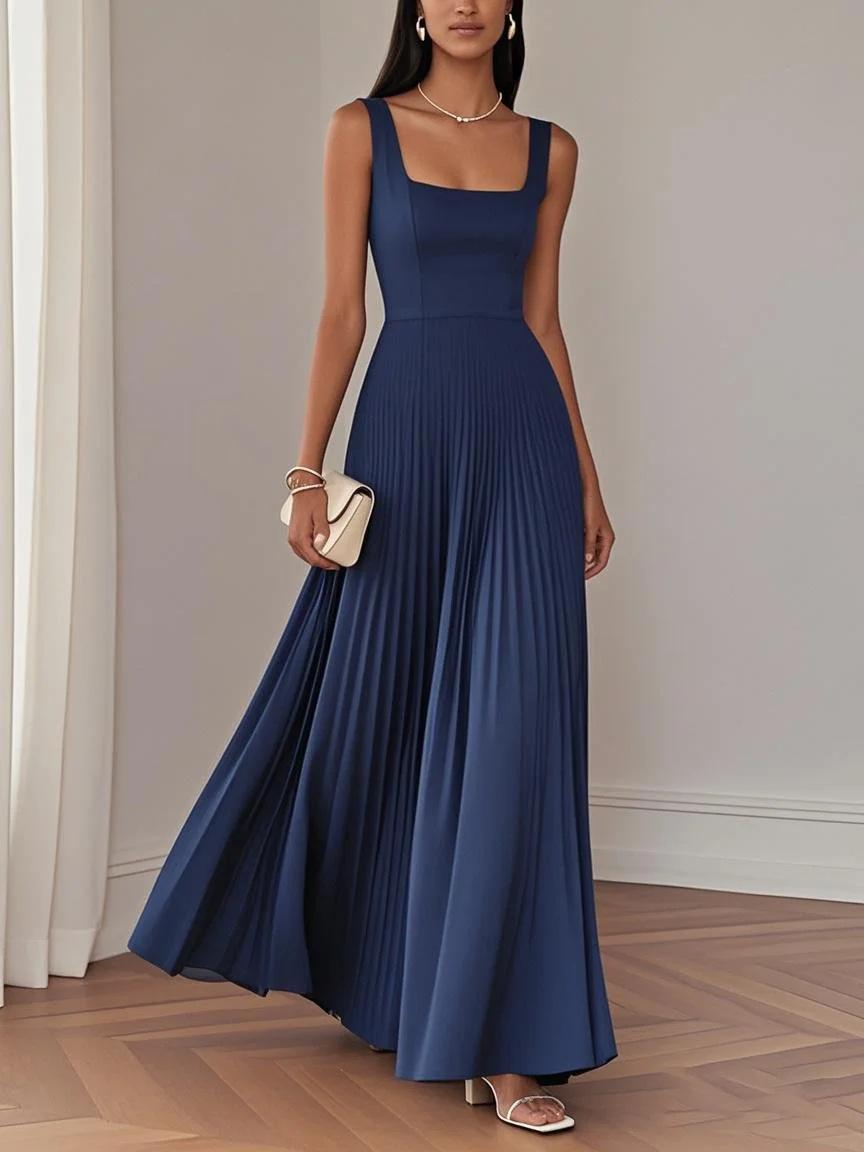Elegant Women s Pleated Long Dress - Slim-Fit, Sleeveless Gown Small