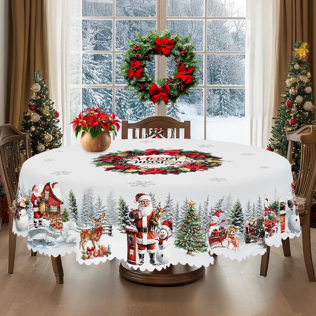 Kerst Vintage Boerderij Tafelkleed met Kerstman, rendieren & Kerstboom prints. Rechthoekige & ronde maten voor Kerst/Nieuwjaarsfeesten, keuken, binnen & Round (180)Cm