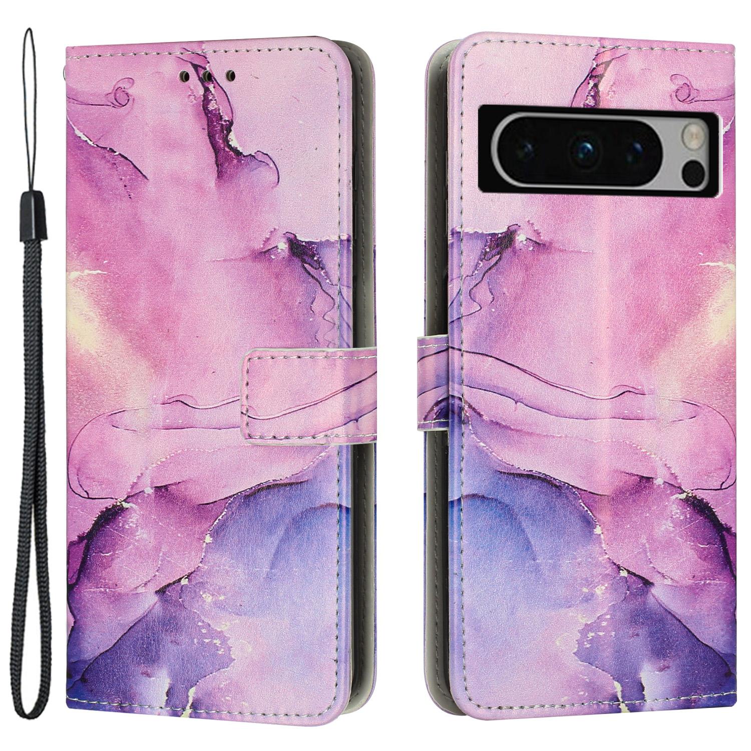 

For Google Pixel 8 Pro Marble Pattern Mobile Phone PU Leather Case Wallet Stand Cover with Wrist Strap Purple