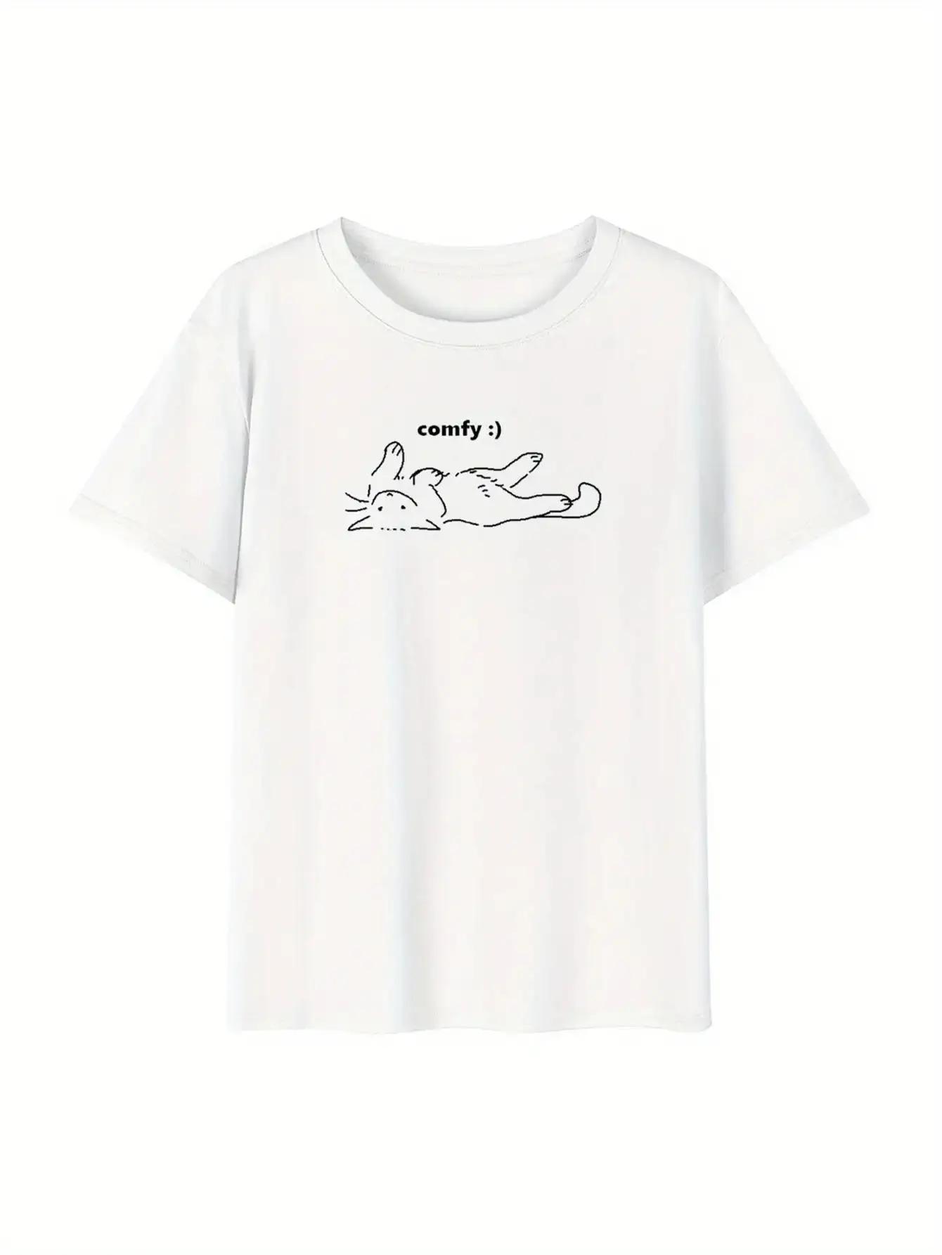Cute Cat Print Round Neck Summer White Casual Playful Graphic Shirt Comfortable Wear Womens Cute Print TShirt S