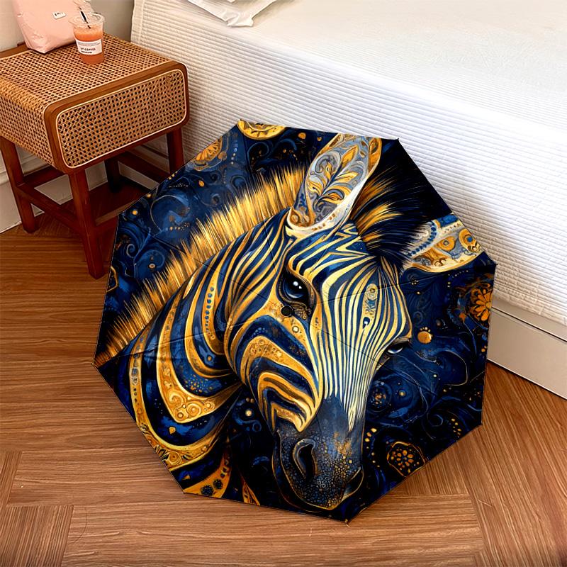 1 PC Automatic Folding Umbrella - Golden Zebra Pattern, Portable & Foldable Design with 8 Ribs, Christmas Birthday Gifts
