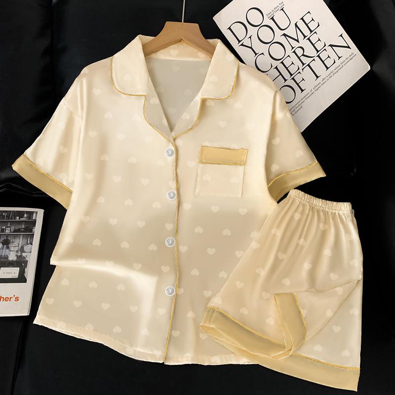 

Модная пижама из ледяного шелка женская летняя с жаккардовым узором «Любовь», с коротким рукавом, милый домашний костюм для девушки M