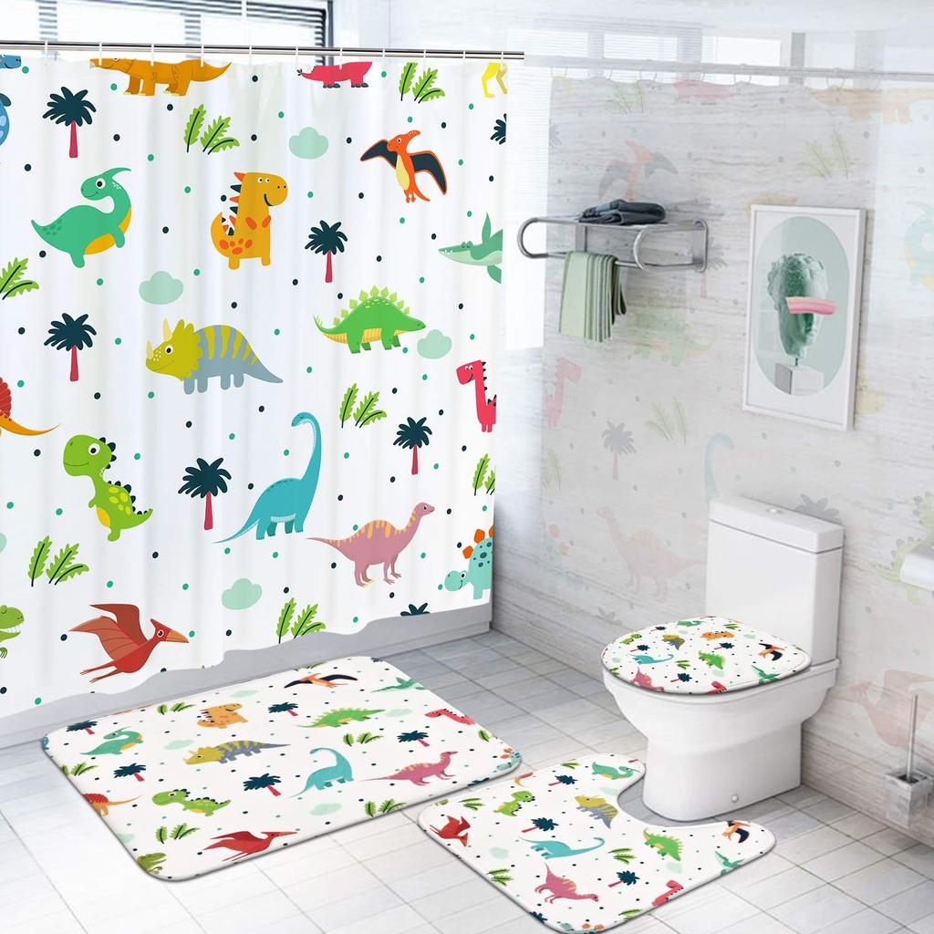 Animal World Map Shower Curtain Set With Non-Slip Rugs Toilet Lid Cover Bath Mat Kids Educational Geography Bathroom Curtain Set