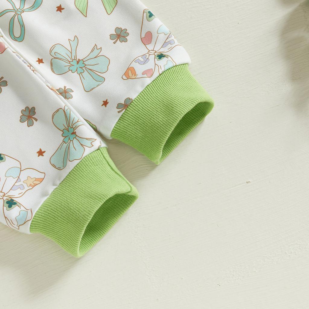 Toddler Girl Irish Outfits Bow Clover Print Crew Neck Long Sleeve Tops Long Pants Headband 3Pcs Clothes Set