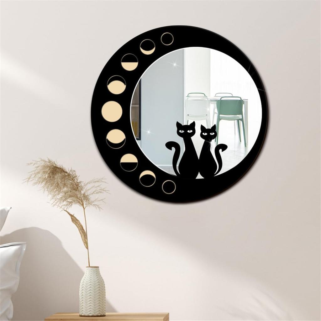 Cat Wood Mirror Wall Decor Art, Cute Cat Wooden Framed Acrylic Mirror Wall Stickers, Boho Black Cats Moon Phase Decorative Mirrors, Wooden Aesthetics