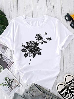 (Asian Size) Trend Flower Sweet 90s Graphic Tee T-shirts Female Casual Short Sleeve O-neck Fashion Print Women's Top T Clothing