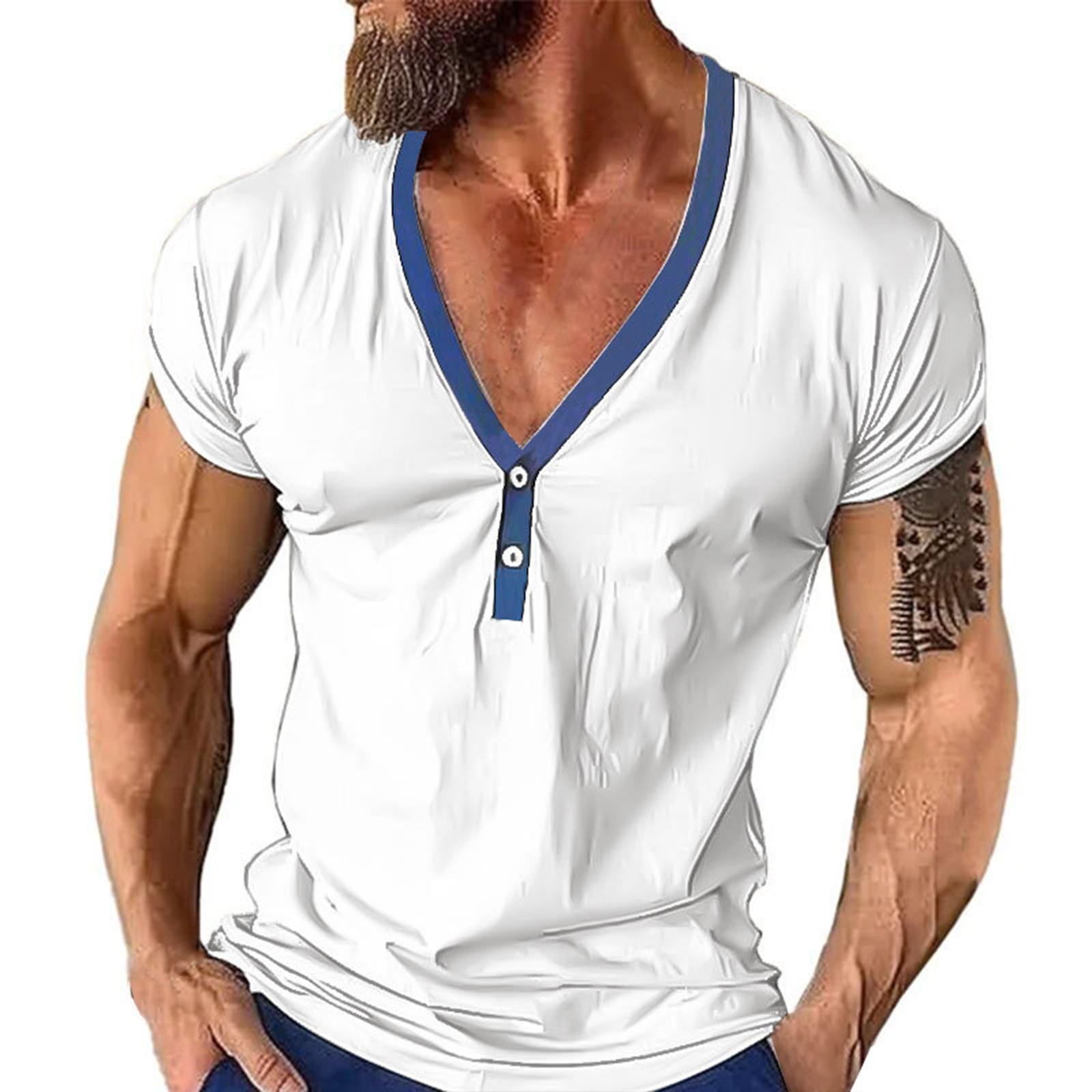 

Чоловіча повсякденна приталена футболка з коротким рукавом на ґудзиках Чоловічий модний трендовий топ з V-подібним вирізом у кольоровий блок XL білий