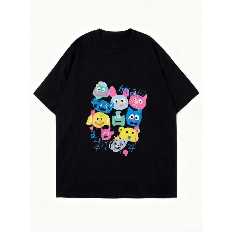 Oversized T Shirt Black Colorful Cartoon Characters And Letters Print Casual Streetwear For Women