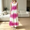Vibrant Magenta Tie Dye Stripe Print Round Neck Sleeveless Long Dress, Vacation Beach Flowy Maxi Dress