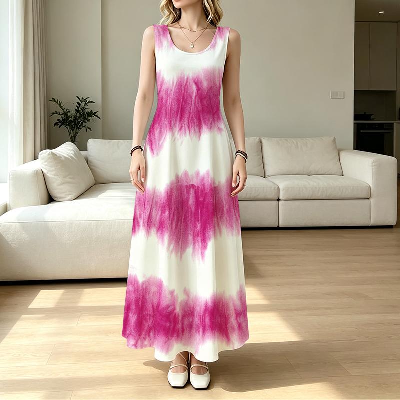 Vibrant Magenta Tie Dye Stripe Print Round Neck Sleeveless Long Dress, Vacation Beach Flowy Maxi Dress