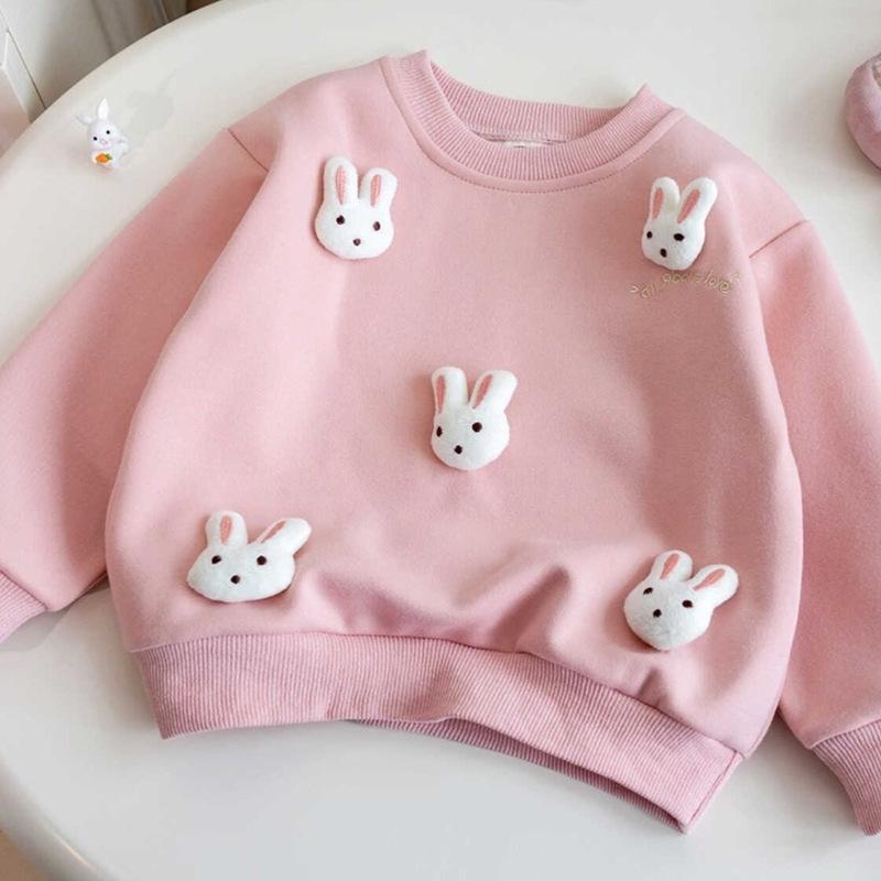 Roupa Infantil Estilo Coreano Moletom Feminino Inverno Nova Moda Crianças Desenho Animado Coelho 3D Moletom Primavera Outono Blusa Casual Uso Diário