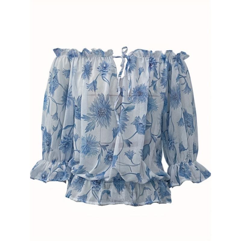 Sommer Bootausschnitt Bedrucktes Chiffon-Hemd Halbtransparent Dünnes Laternenärmel Top für Damen
