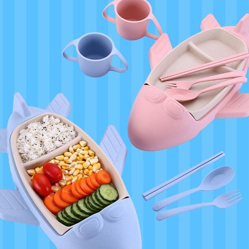 Toddler Dinnerware Set with Cartoon Tray and Cup, 5 Piece Baby Feeding Set with Spoon Fork and Chopsticks for Family Dining