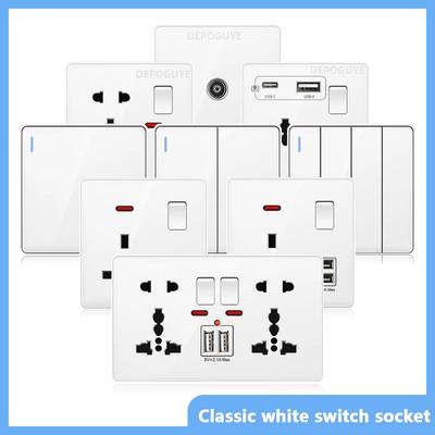 White UK Standard 13A USB Wall Socket Panel,Universal 18W Type-c Quick Charge Socket Plug,Wall Light Switch Electrical Outlet