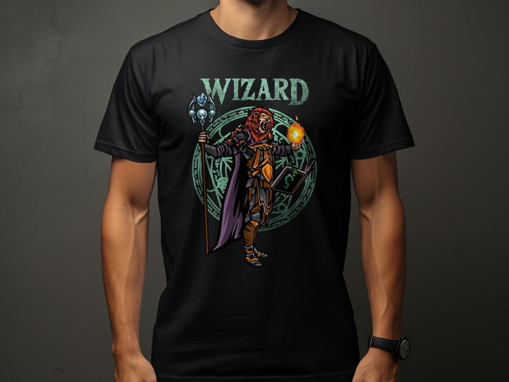 Lion Wizard T-Shirt, RPG Gamer Apparel, Fantasy Roleplaying Tee, Tabletop Gaming Gift, Fantasy Art Tee, Magic User Shirt