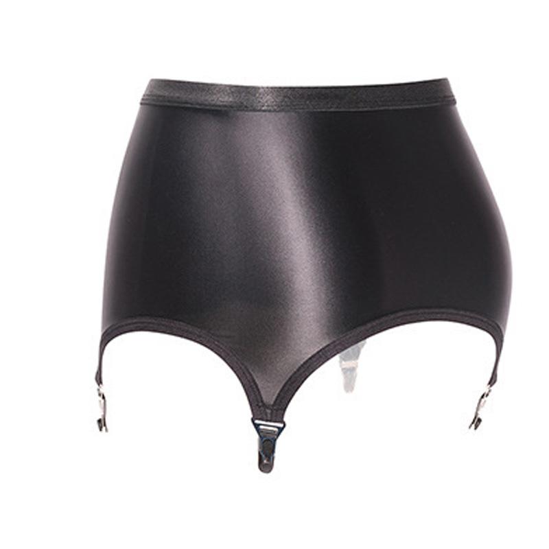 Oil Shiny Satin Garters Black Mini Bodycon Dress With 4 Straps Metal Clips For Stockings Pole Dance Goth Lingerie Skirt Belt