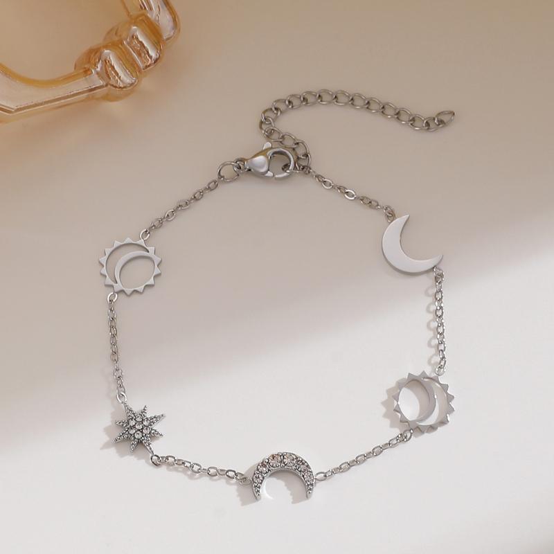 Fashion Stainless Steel Star Crescent Beaded Bracelet for Women Personality Rhinestone Hollow Sun Moon Hand Chain Charm Zircon