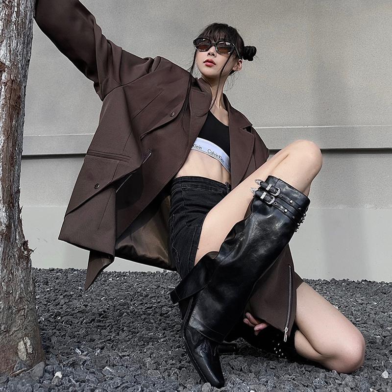 Fashion Designer Rivet Women Trouser Legs Boots Fashion Embroidery Female Thick Heels Knight Long Booties Zapatos De Mujer