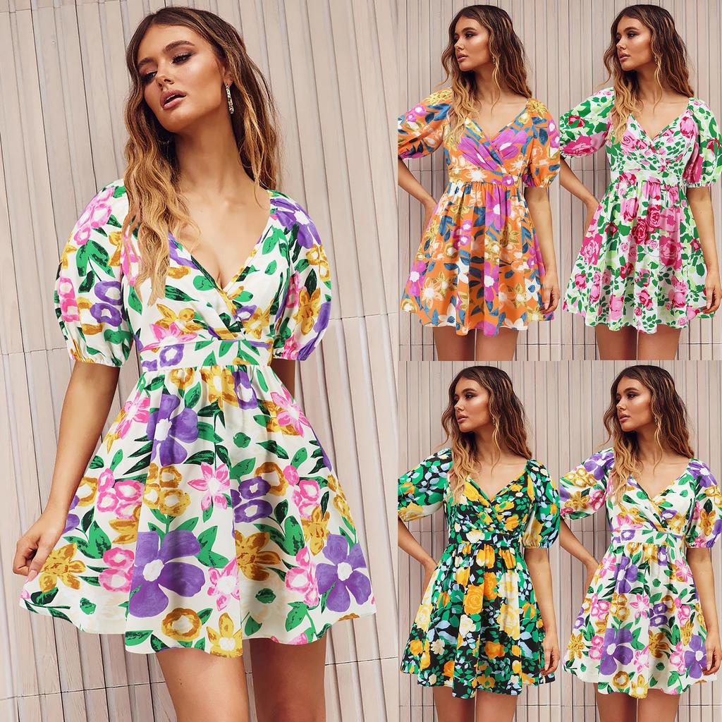Summer New Style V-neck Printed Beach Skirt Lantern Sleeve Short Dress