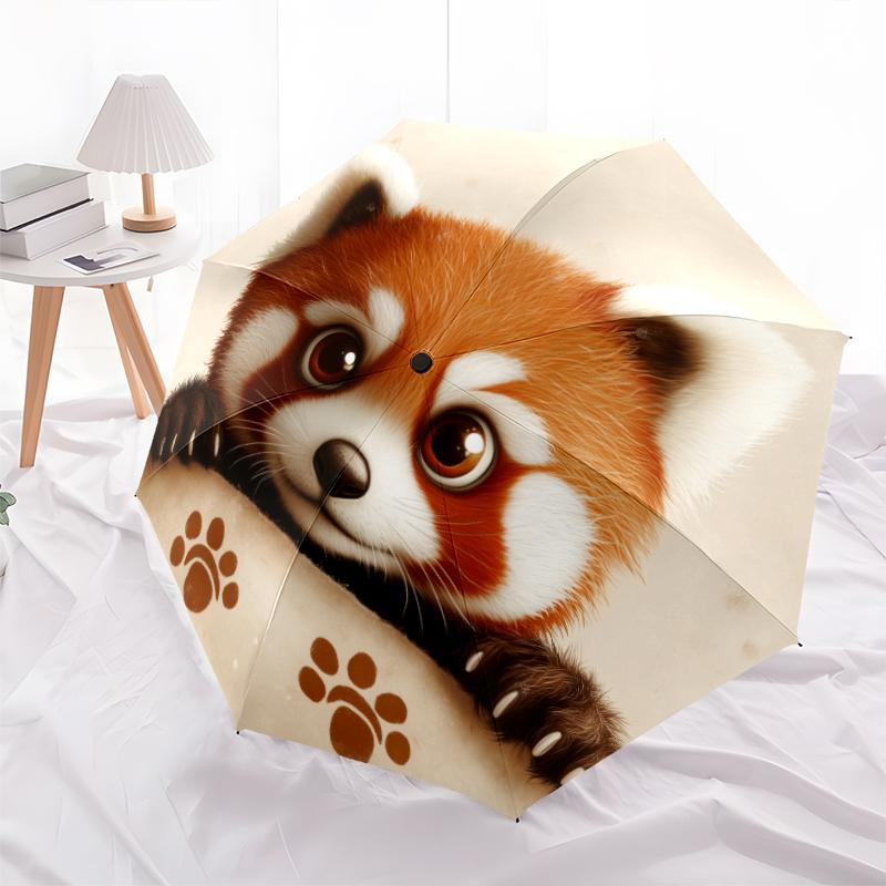 Fantasia Panda Rosso, ombrello pieghevole automatico, design portatile e pieghevole, 8 stecche, un regalo di Natale o di compleanno.
