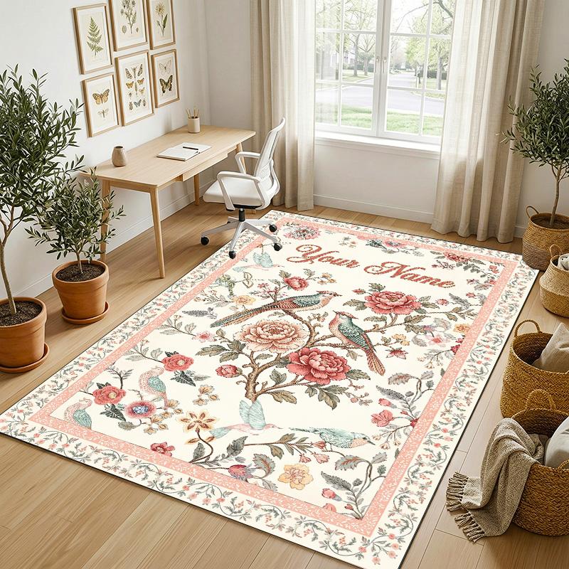 Floral Birds Artwork Theme Soft Crystal Velvet Rug Custom Name & Text Print Non Slip Floor Rug for Bedroom Living Room