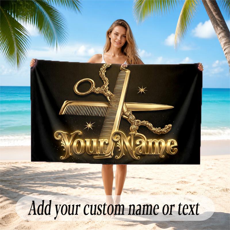 Barber Salon Theme Quick Dry Beach Towel Custom Name Text Print Large Sand Resistant Towel Beach Vacation