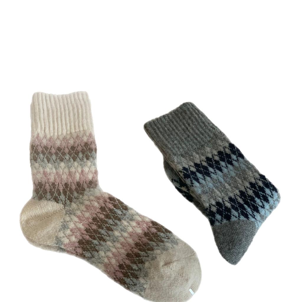 Little Red Book Thickened Warm Wool Socks For Children Piles Up Winter Diamond Lattice Nordic Style Socks