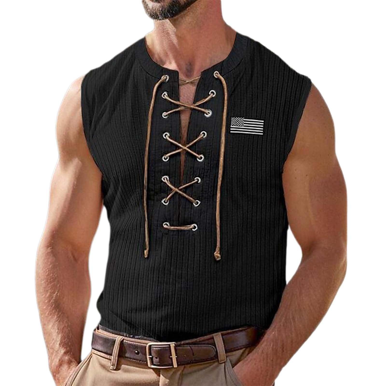

Men s Retro V-neck Lace-up Casual Embroidered Short-sleeved T-shirt M чорний