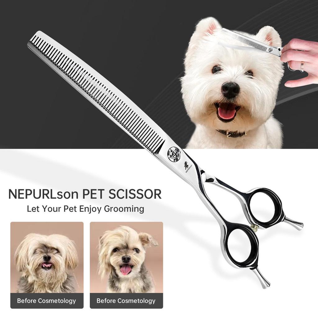 Left-Handed 7” Curved Pet Grooming Scissors & Thinning Shears with Bag