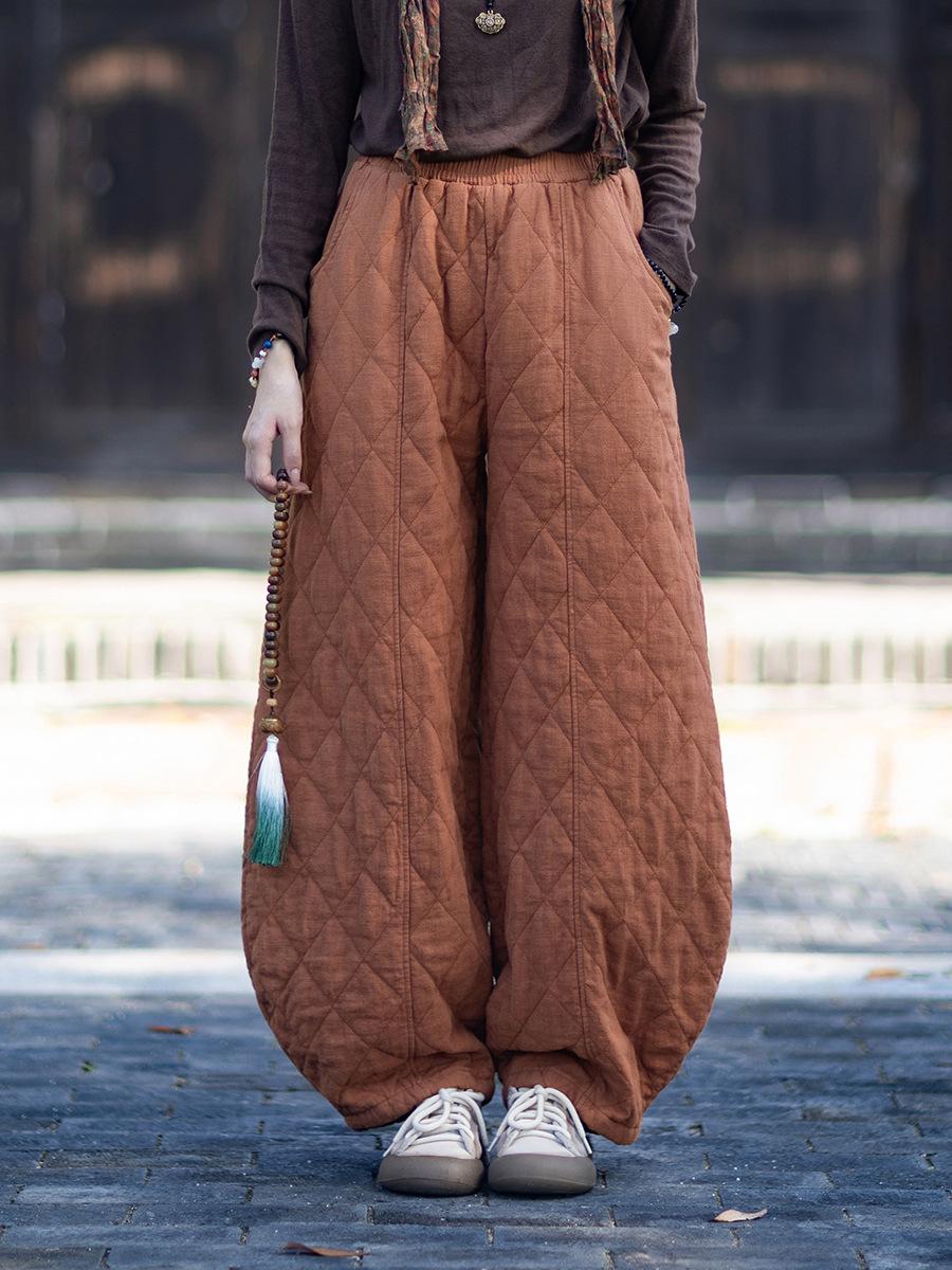 2025 Winter Women s Retro Quilted Diamond Pattern Warm Lantern Cotton Pants One Size