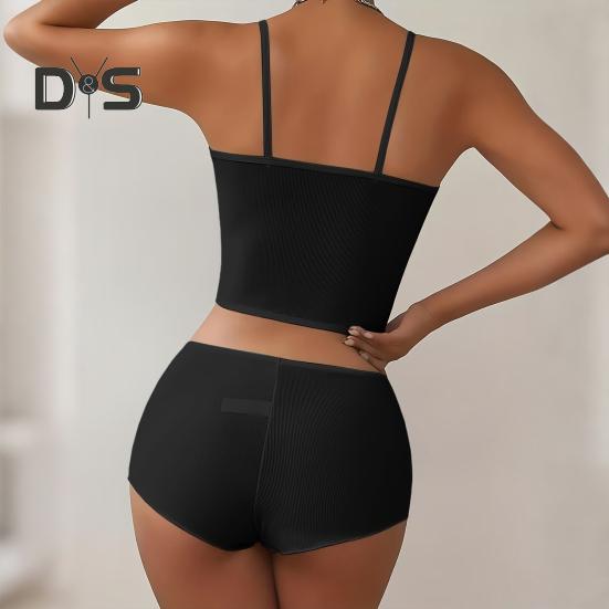 Dámský 2dílný pyžamový set Letní sexy Crop Cami Top a šortky Set ležérní žebrované spací prádlo s květinovou výzdobou