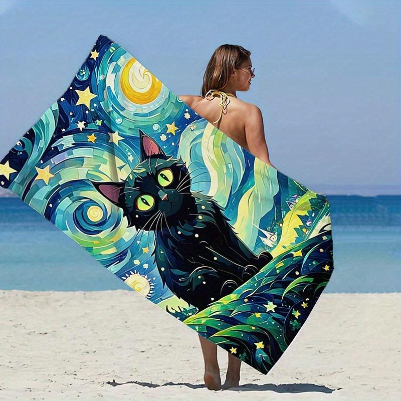 

Van Gogh Style Black Cat Starry Sky Microfiber Beach Towel, Quick-Dry Absorbent for Travel Summer Sports W30*H60(CM)