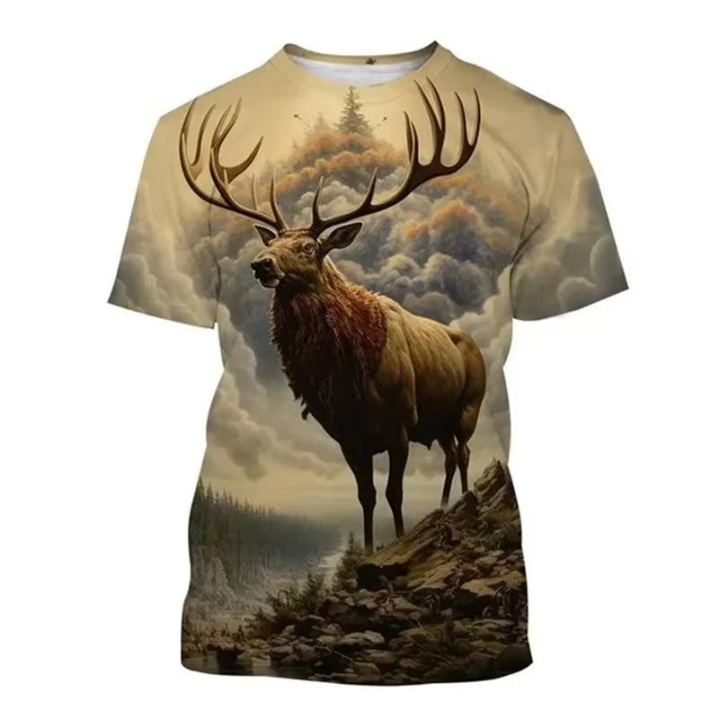 Divertente T-shirt Stampata in 3D con Motivo Caccia al Cervo Animale Estate Casual Moda Manica Corta Top da Uomo Personalizzato Girocollo Abbigliamento
