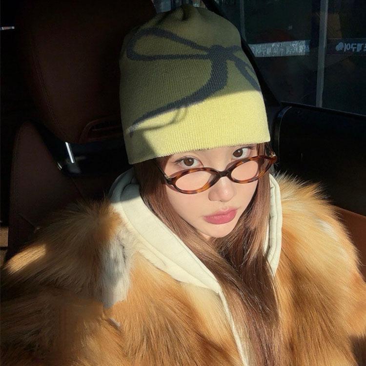 Autumn and Winter Korean Bow Printed Knitted Hat Retro Cute Elastic Versatile Cold Hat Warm Wool Hat