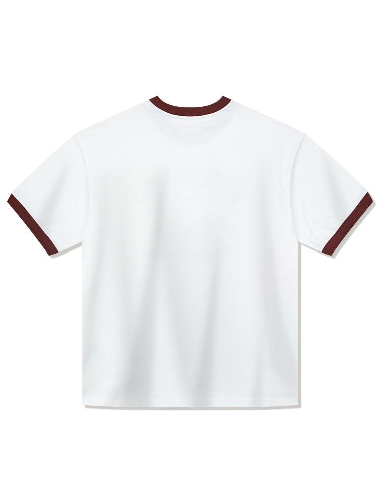 LA MAISON STUDIO Unisex Oversized Puppy Surfing Ringer Short Sleeve T-Shirt White Dark Red (Fce2Ts401M)