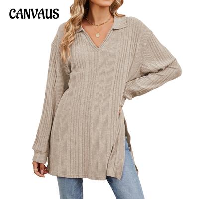 Herbst Damenbluse Übergröße Einfarbig V-Ausschnitt Langarm Locker sitzende Oberteile