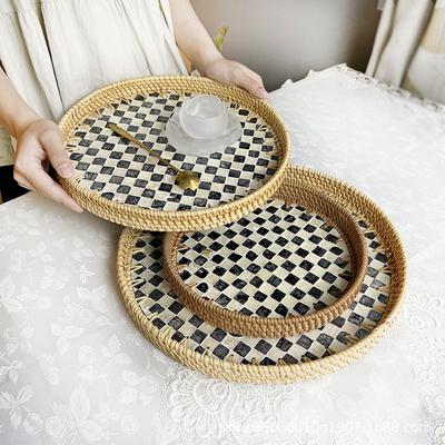Round Rattan Woven Fruit Bowl Shell Tray Living Room Home Creative Snacks Storage Basket Dessert Fruit Basket Home Decoration